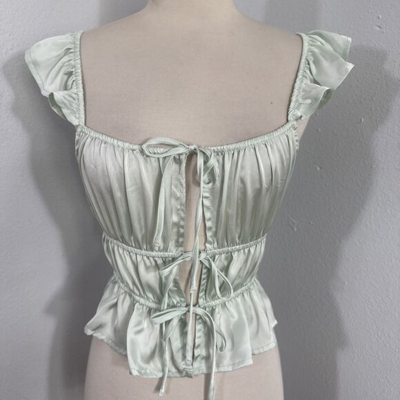 Foreza 21 Top Women S Mint Green‎ Satin Ruffle Milkmaid Fairy 90s Y2K - Picture 1 of 9